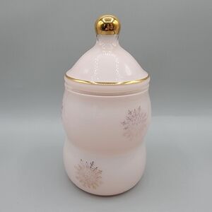 Vtg Pink Frosted Glass Mid-Century Vanity Powder Trinket Jar Lid Gold Snowflake